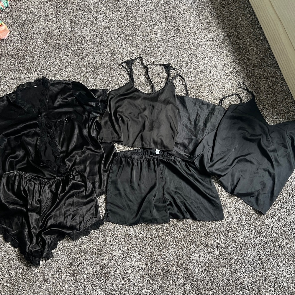 Black Satin Women's Sleepwear Sets, 6-Piece Ensemble